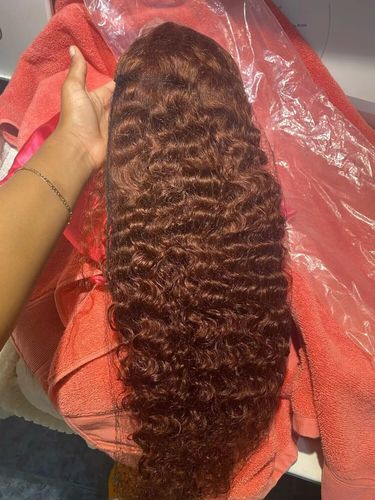 Customer photo review of Reddish Brown Color Curly Auburn Hair 13x4 Transparent Lace Front Wig
