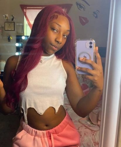 Customer photo review of Vibrant Burgundy Lustrous Silky Straight Lace Frontal Wig