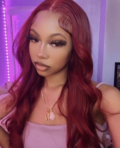Customer photo review of Vibrant Burgundy Lustrous Silky Straight Lace Frontal Wig