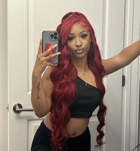 Customer photo review of Vibrant Burgundy Lustrous Silky Straight Lace Frontal Wig