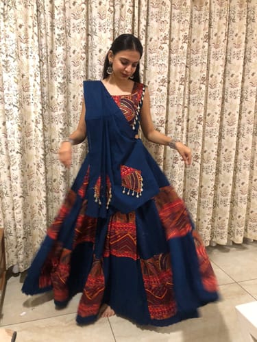 Customer photo review of Blue Color Pure Cotton Plain & Printed With Foil Work Navratri Lehenga Choli