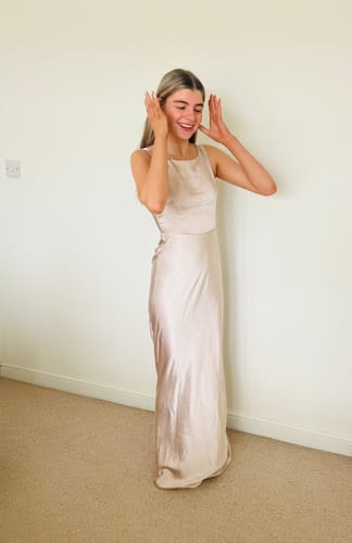 Customer photo review of Cowl Back Satin Bridesmaid Dress - Oyster