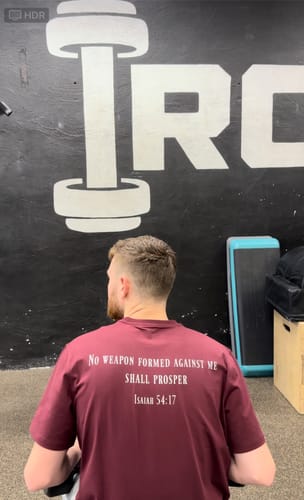 Customer photo review of Isaiah 54:17 Performance Tee - Maroon