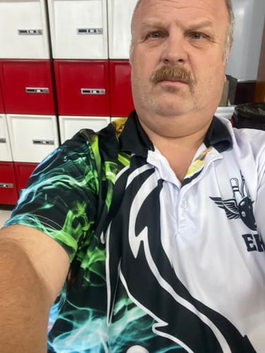 Customer photo review of Maxcorners Bowling And Pins Multicolor Smoke Pattern Customized Name 3D Shirt