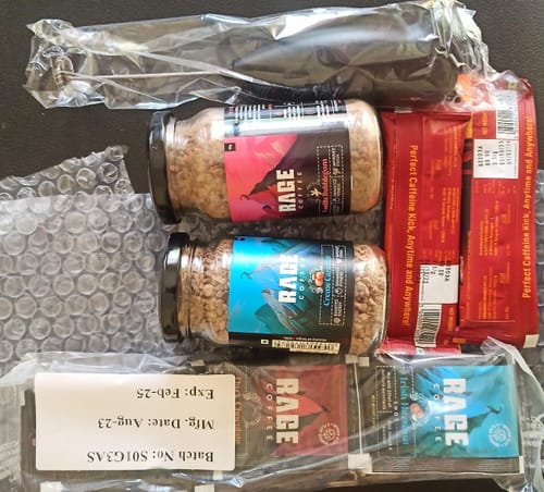 Customer photo review of Creme caramel 50 gms + Vanilla Bubblegum 50 gms + Caffeine Almond Bar Pack of 2 + Frother + Dark Chocolate sachets 10 pcs