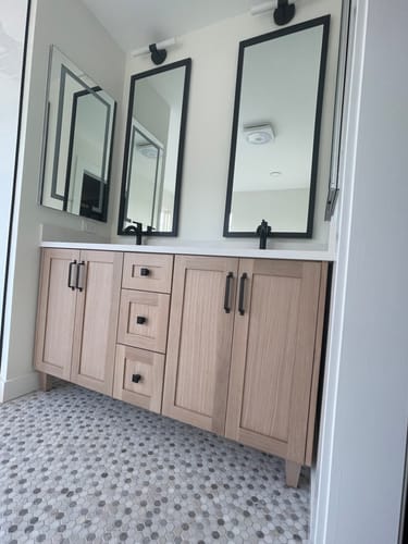 Customer photo review of Bridgeport 60" White Oak Bathroom Vanity, Double Sink