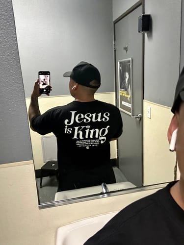 Customer photo review of Epiphany 'Jesus Is King' Premium Heavyweight T-Shirt