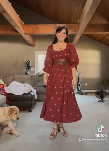 Customer photo review of Embroidered Floral Smocked Midi Dress in Brick