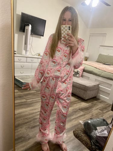 Customer photo review of Christmas Besties Party Printed Feather Trim Elastic Waist Pocketed Pajama Set