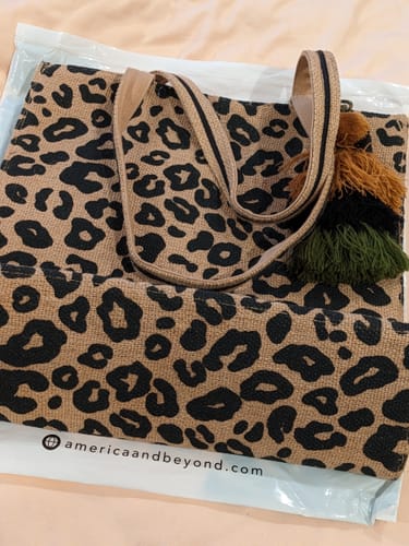 Customer photo review of Leopard Handwoven Jute Brown Tote With Tassel