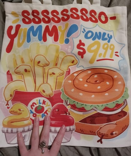 Customer photo review of Fast Food Snake With Text Tote Bag