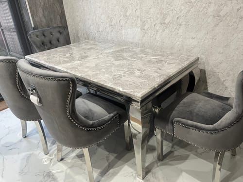 Customer photo review of Vienna Marble Dining Table With Chelsea Knocker Velvet Chairs With Bench