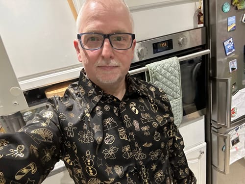 Customer photo review of Men's Christmas Print Regular Fit Holiday Button Dress Long Sleeve Shirt
