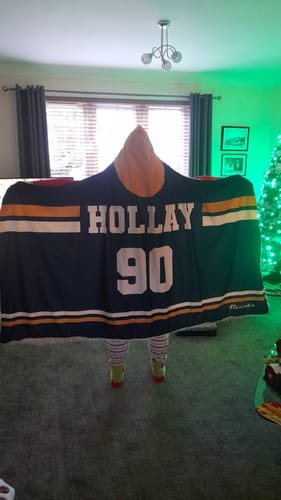 Customer photo review of Personalized Hockey Hooded Blanket