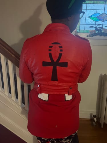 Customer photo review of Ankh Galaxy Red Cropped Biker Jacket