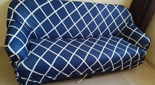 Customer photo review of Navy Blue Checks Elastic Sofa Slipcovers