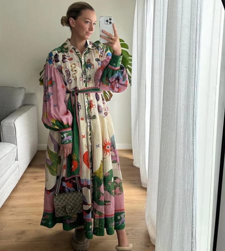 Customer photo review of Effortless and Playful Unique Print Balloon Sleeve Shirt Midi Dress