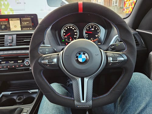 Customer photo review of SHFT BMW F Series Flat Bottom Steering Wheel In Alcantara With Red Stripe