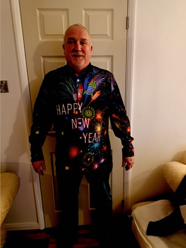 Customer photo review of Men's Happy New Year Holiday Fireworks Long Sleeve Shirt