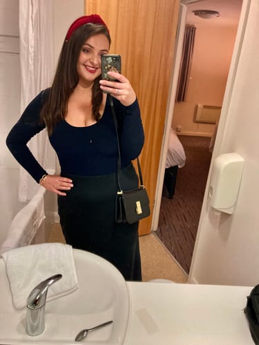 Customer photo review of Longer In The Body Seamfree Charlotte Low Neck Bodysuit - Navy Blue