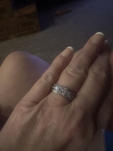 Customer photo review of Three Stone Princess Cut Moissanite Pavé Set Engagement Ring
