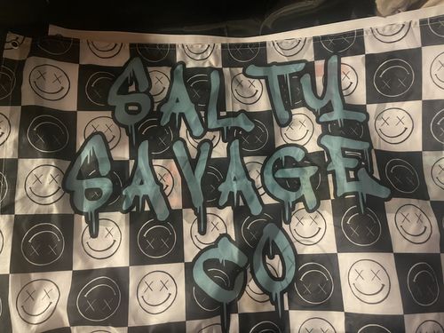 Customer photo review of Salty Savage "Graffiti" | Vinyl Flag 3x2ft | Checkerboard/Teal