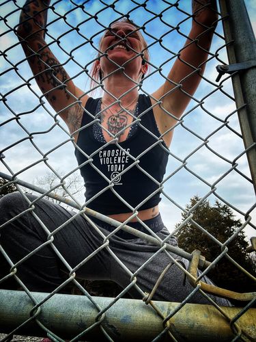 Customer photo review of Salty Savage Ladies "CHOOSING VIOLENCE" Cropped Racerback Tank | Micro | Black/White