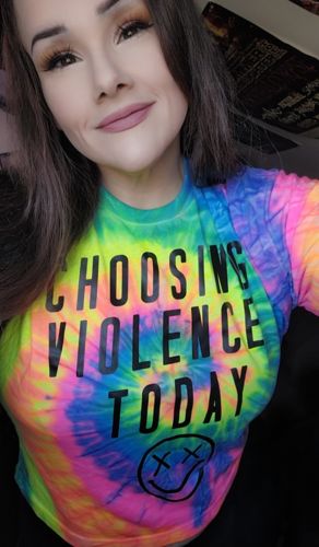 Customer photo review of Salty Savage Ladies “CHOOSING VIOLENCE TODAY” Spiral Tie Dye Crop Tee | In Your Face | Neon Tie Dye/Black