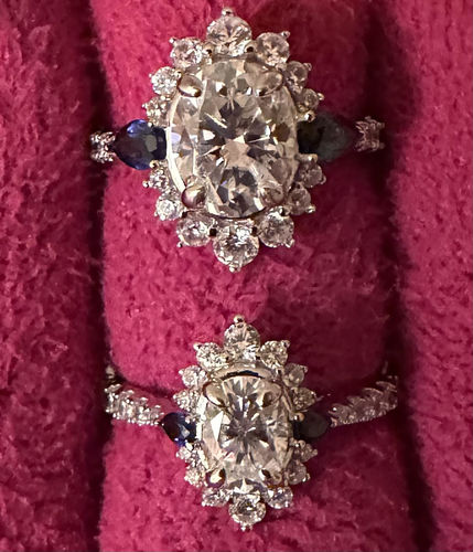 Customer photo review of Halo Oval Moissanite Pear Sapphire Sidestone Pave Engagement Ring