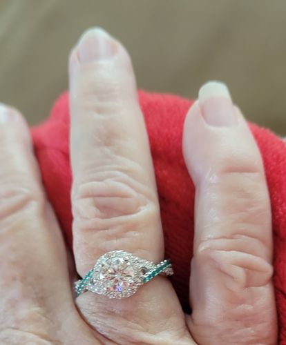 Customer photo review of Halo Moissanite and Sapphire Twist Pave Engagement Ring