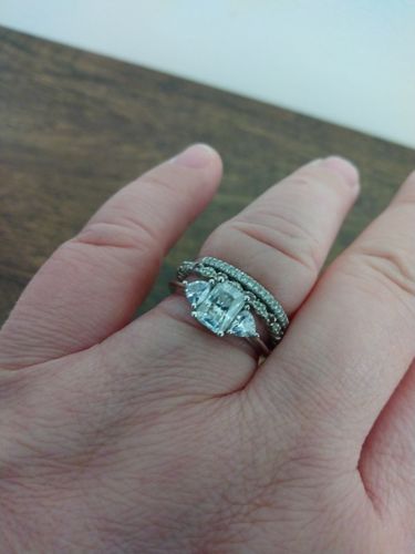 Customer photo review of Three Stone Radiant And Trillion Moissanite Polish Engagement Ring