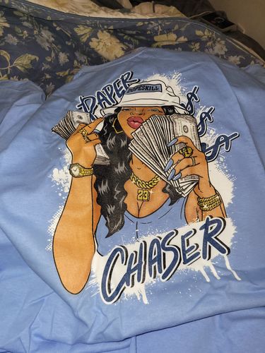 Customer photo review of Jordan 6 UNC DopeSkill University Blue T-Shirt New Paper Chaser Graphic