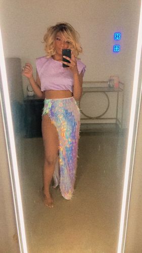 Customer photo review of Sequined Fringe High Slit Party Maxi Skirt