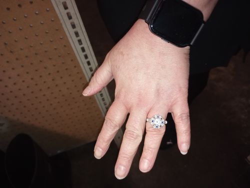 Customer photo review of Vintage Halo Moissanite With Sapphire Accents Engagement Ring