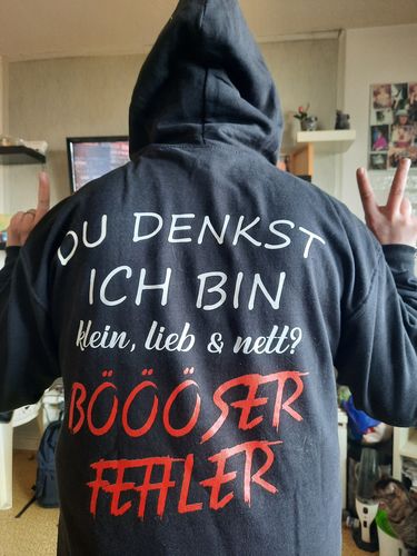 Customer photo review of DU DENKST ICH BIN KLEIN, LIEB & NETT? Backprint Hoodie