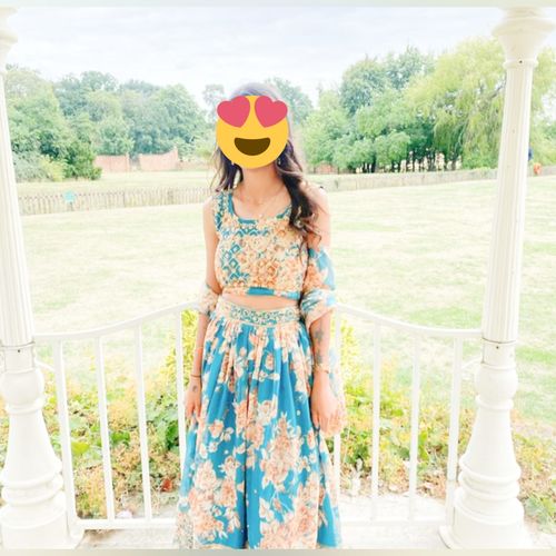Customer photo review of Sky Blue Floral Printed Lehenga Choli With Sequins Zari Embroidery Work