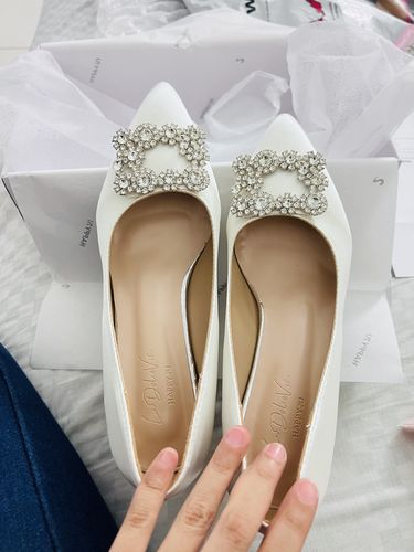 Customer photo review of Joy Satin Rhinestone Heels