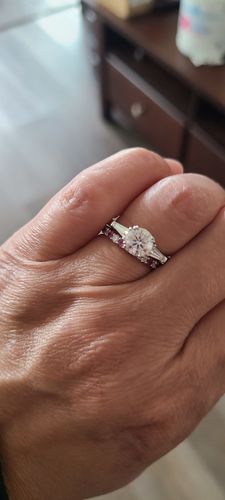 Customer photo review of Three Stone Round Moissanite Tapered Baguette Engagement Ring