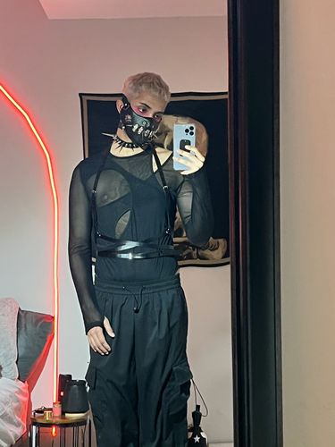 Customer photo review of Mens Irregular Mesh Long-sleeved Triangle Bodysuit SKUI69689