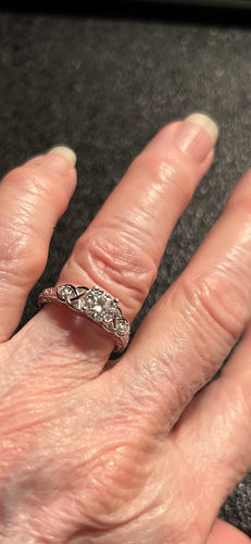 Customer photo review of Vintage Three Stone Moissanite Scrollwork Engagement Ring