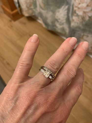 Customer photo review of Three Stone Princess And Baguette Moissanite Engagement Ring