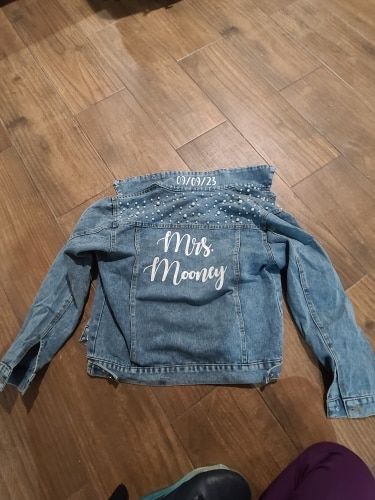 Customer photo review of Personalised Ladies Pearl Embellished Denim Jacket Bride Denim Jacket New Mrs Just Married Custom Bride Wedding Jacket with Date