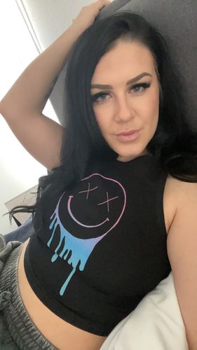Customer photo review of Salty Savage Ladies Gradient Drip Smile High Neck Sleeveless Crop Tank | In your Face | Black