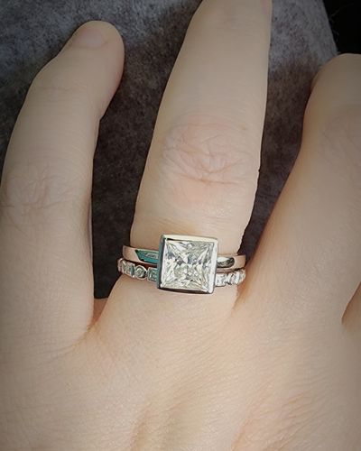 Customer photo review of Solitaire Princess Cut Moissanite Bezel Set Engagement Ring