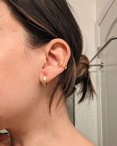 Customer photo review of Simple Huggie Clip On Earrings in Gold