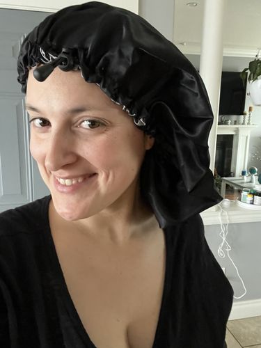 Customer photo review of Reversible Drawstring Satin Bonnets