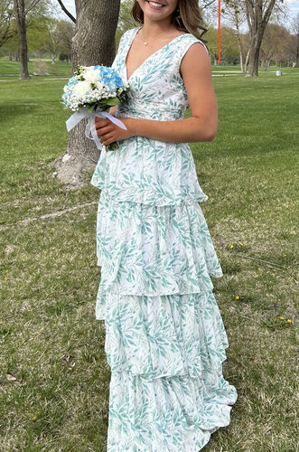 Customer photo review of Straps V Neck Floral Chiffon Sage Maxi Tiered Prom Formal Evening Gown