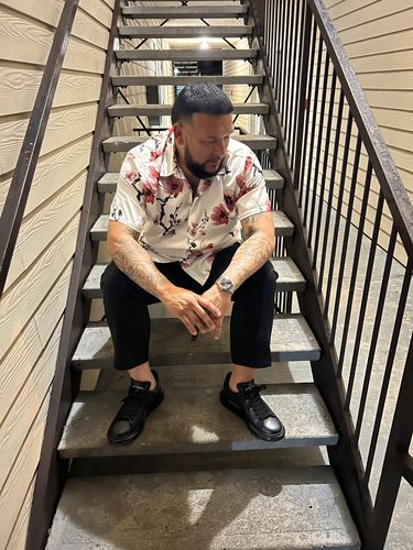 Customer photo review of Men's Casual Pink Floral Print Summer Button Up Flower Short Sleeve Cherry Blossom Shirt