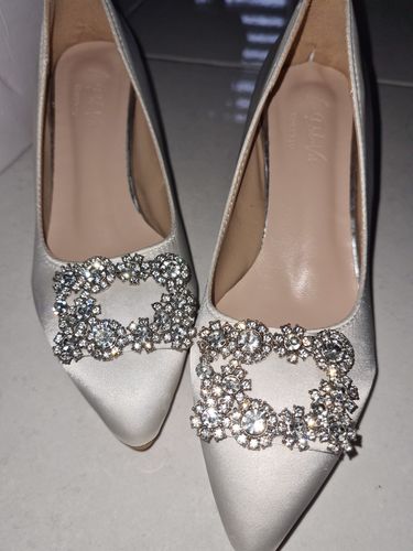 Customer photo review of Joy Satin Rhinestone Heels