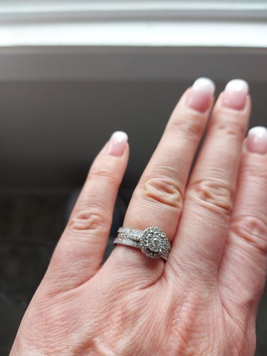 Customer photo review of Vintage Pave Moissanite Eternity Wedding Band Stackable Ring